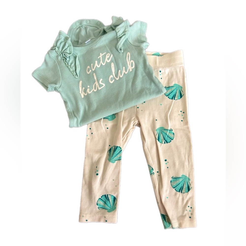 2 for $10 ⭐️ Baby Girl short sleeve ruffle aqua sea shell pant matching set